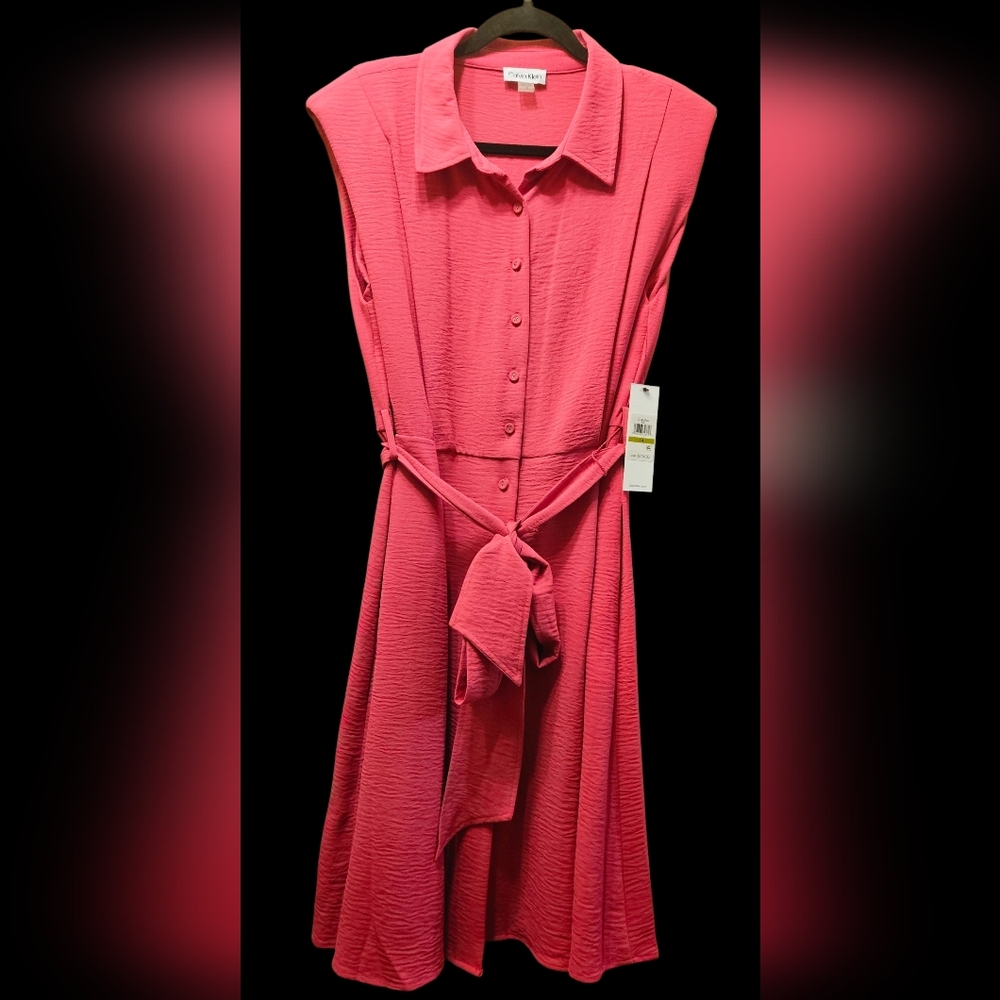 Calvin Klein Hibiscus Pink Sleeveless Button-Down Midi Dress Size 14 NWT - Picture 11 of 15